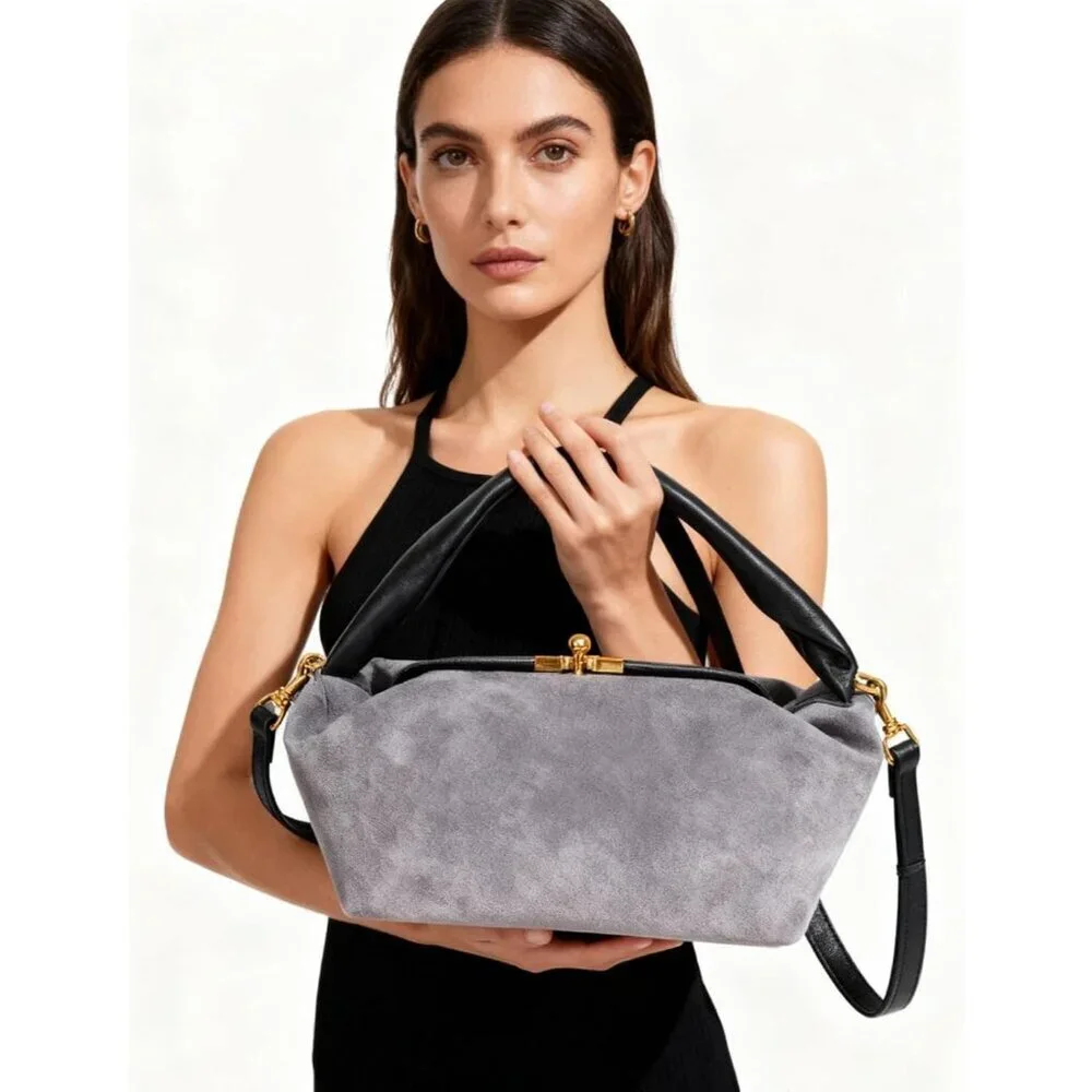 Women's Warm Gray Faux Suede Vintage Slouchy Soft Satchel Kiss Lock Hobo Handbag